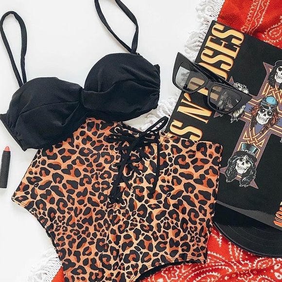 Dolls Kill Other - Leopard Cheetah High Waist Lace Up Retro Bikini